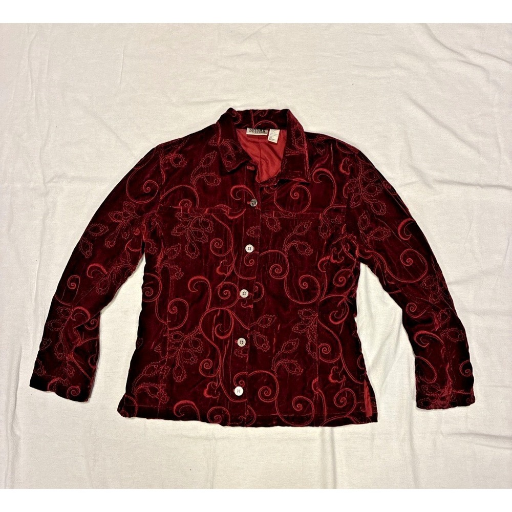 VTG Women's Jacket Shacket Med Red Velvet Patterned Button-down Whimsigoth Boxy